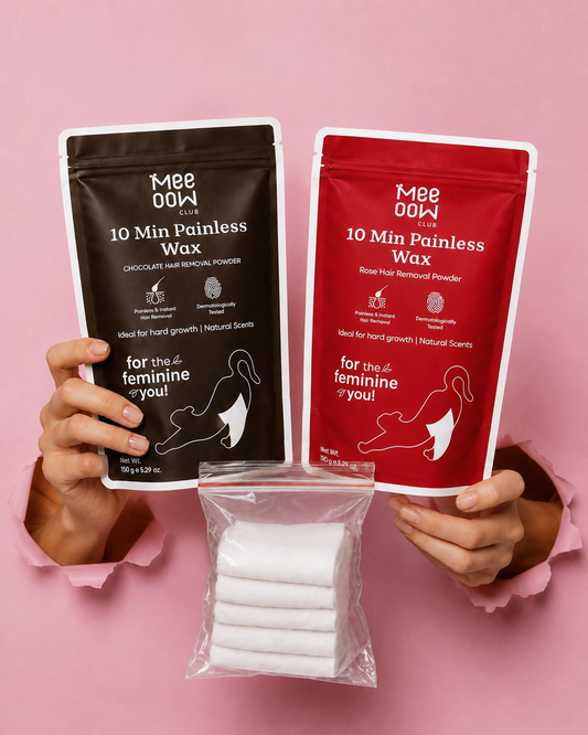 Mee Oow Club 10 Min Painless
Wax Duo Pack | Rose & Chocolate
Hair Removal Powder | 150g +
150g + Free wipes